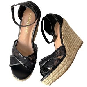 Allegra K Women's Strappy Black Wedge Sandal Platform Heels, Sz 8